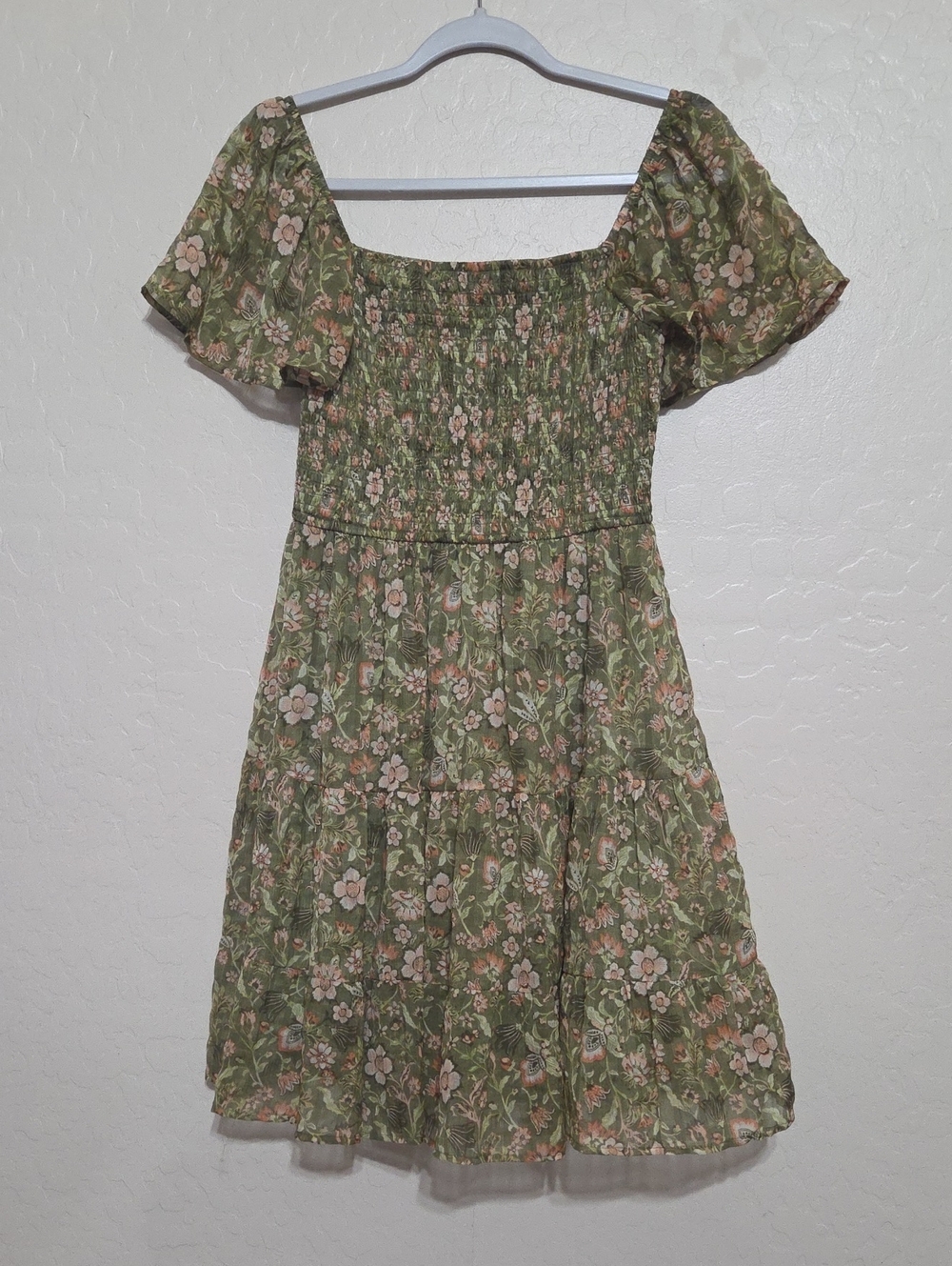Rewind M Green Floral Smocked Mini Dress Cottagecore Square Neck Flutter Sleeve